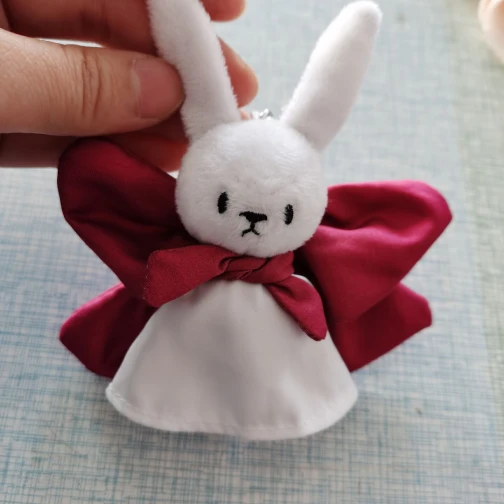 Maris White Rabbit Plush Keychain with Red Bow - Cute Bunny Stuffed Hanging Ornament
