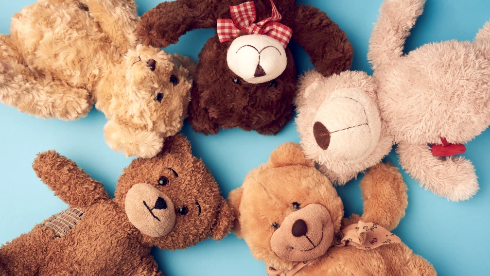 Lineup of custom teddy bears in different sizes and fabrics on display