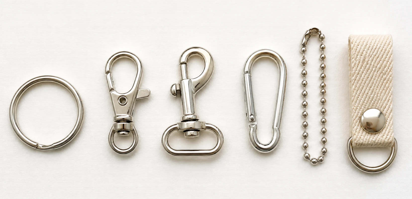 Close-up of custom plush keychain hardware options including split ring, lobster clasp, swivel snap hook, carabiner, ball chain, and snap-tab strap