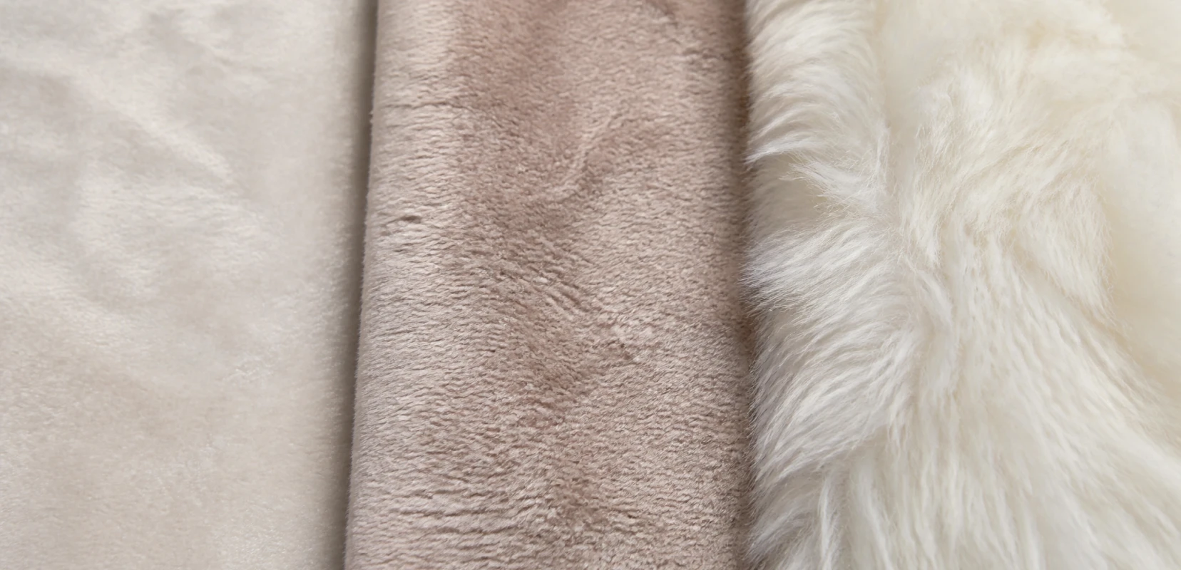 Close-up comparison of short plush, minky, and long-pile faux fur fabric textures for teddy bears