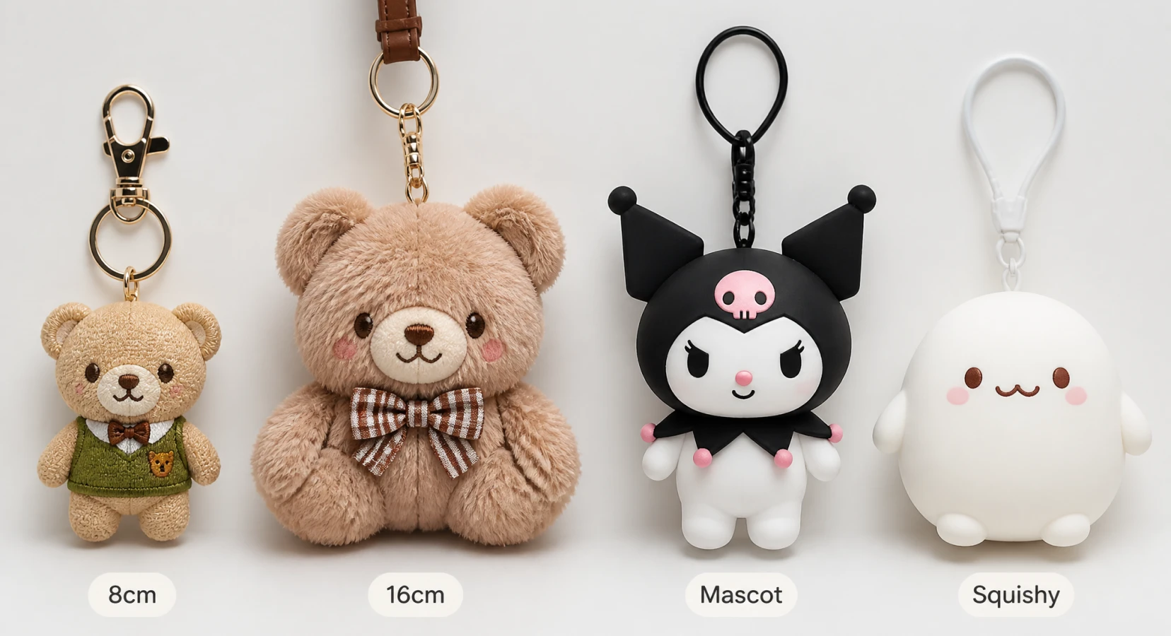 Four types of custom plush keychains compared side by side: classic embroidered keychain, oversized plush bag charm, mascot keychain, and squishy slow-rebound keychain