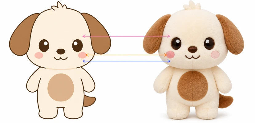 Comparison of 2D character artwork and 3D plush prototype showing on-model accuracy check