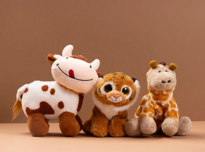 Premium plush characters displayed on shelves in a soft-toy retail store
