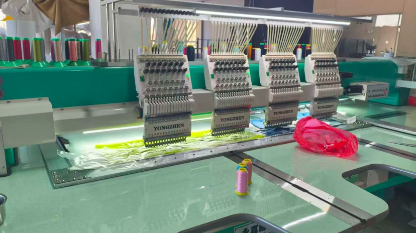Close-up of high-density embroidery machine stitching a character plush face