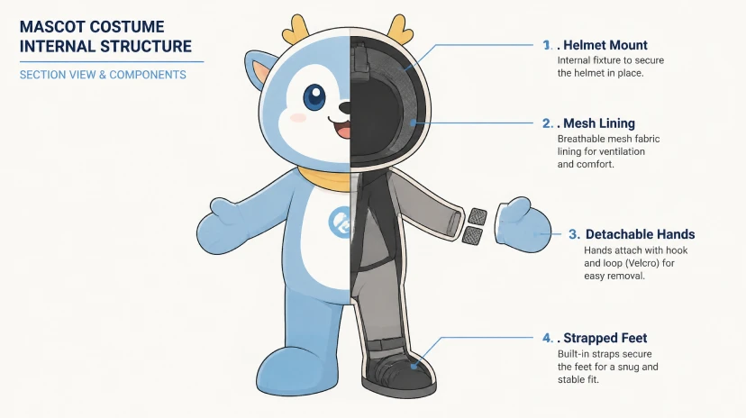 Diagram of mascot costume internal structure showing helmet, lining, and detachable hands