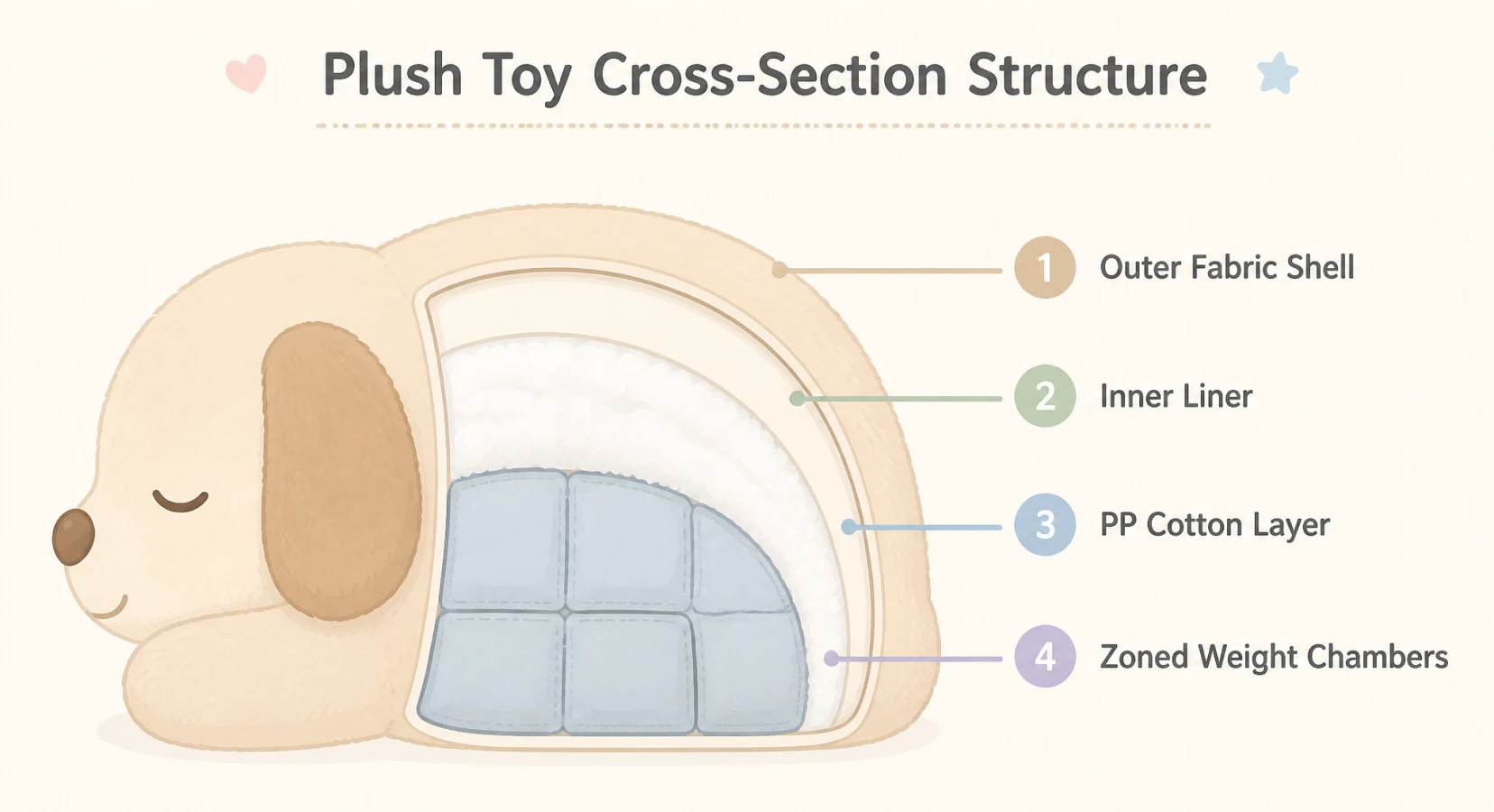 Cross-section diagram of weighted plush toy four-layer construction