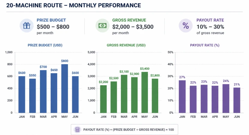 Monthly prize budget and revenue model for a twenty-machine claw machine route