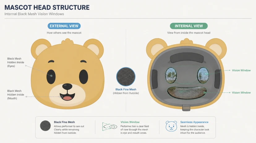 Diagram of hidden mesh vision windows inside a mascot costume head