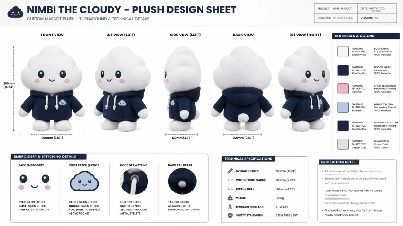 Mascot character turnaround sheet with front, back, side, and three-quarter views prepared for plush pattern making