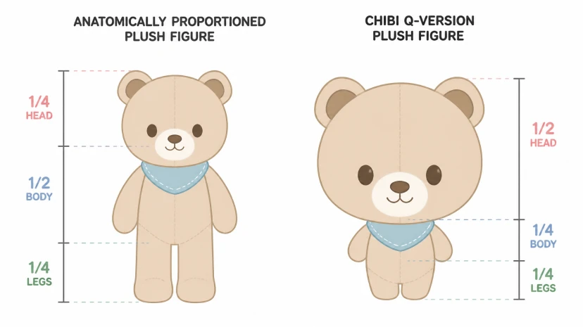 Diagram comparing anatomical proportions versus Chibi Q-version plush proportions