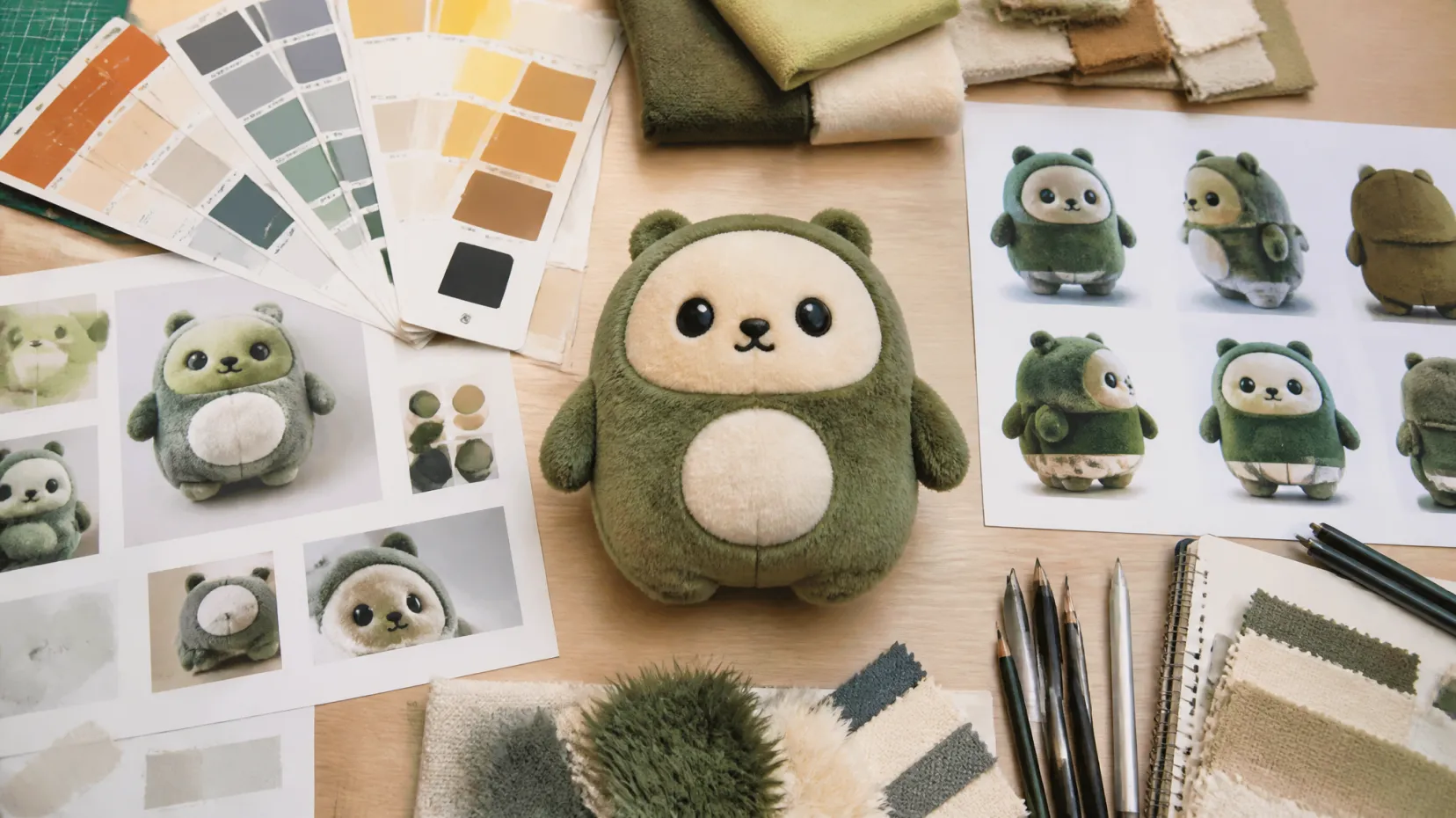 Mascot plush prototype with Pantone color swatches and character reference photos