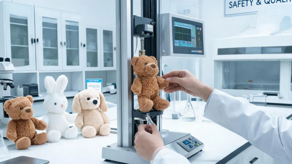 Safety and quality control testing laboratory equipment examining plush toy samples