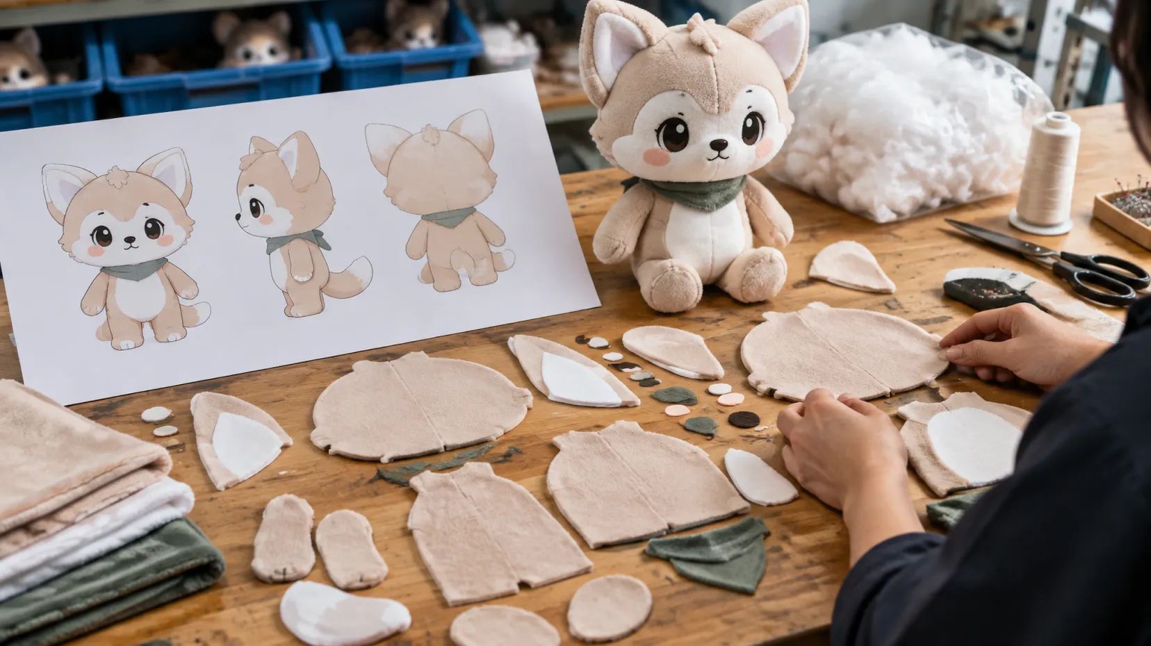 A plush doll concept sheet with front, side, and back views beside fabric pattern pieces and an unfinished prototype.