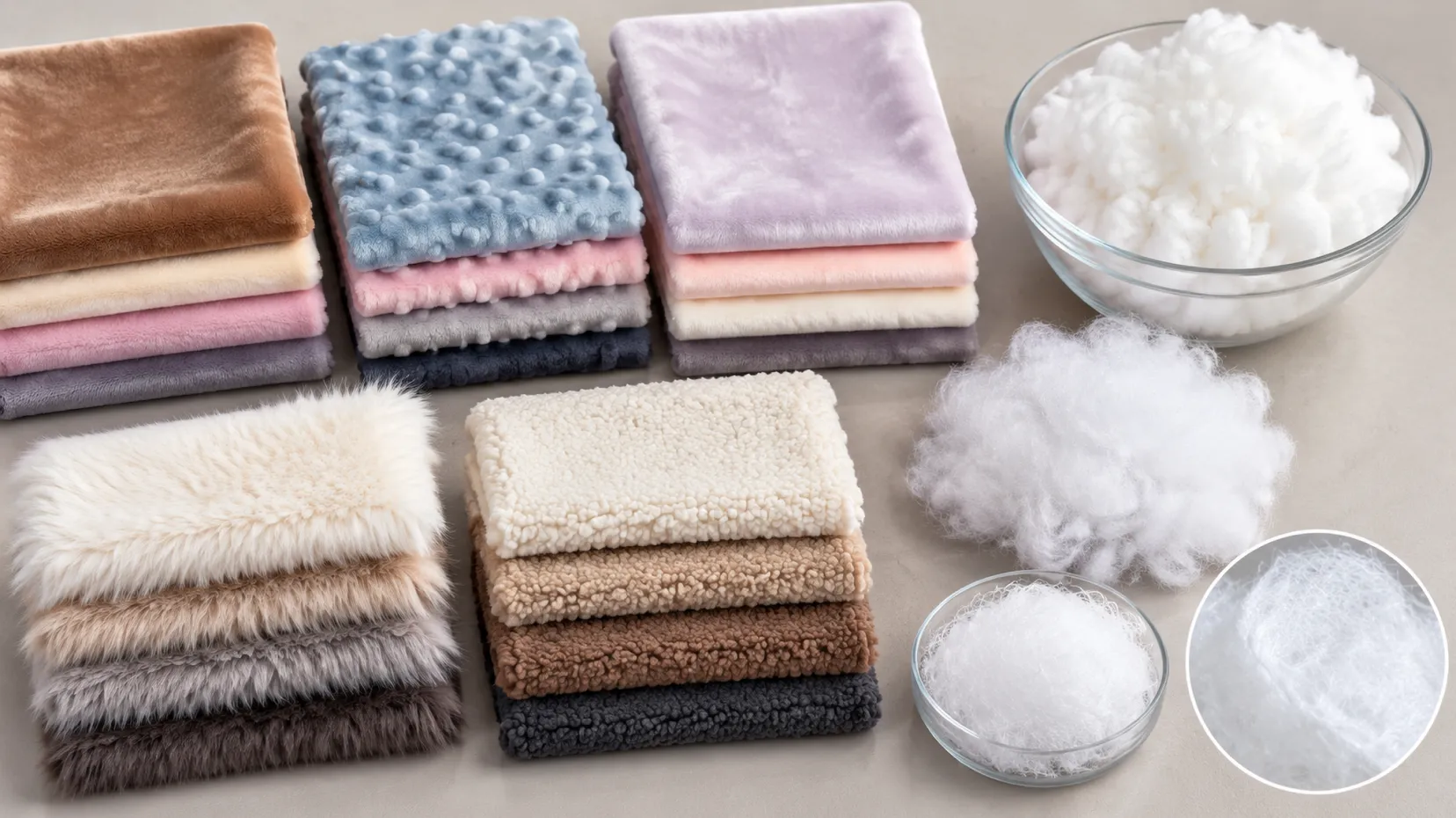 Velboa, minky, crystal super soft, faux rabbit fur, and sherpa fabric swatches with PP cotton and microfiber filling samples.